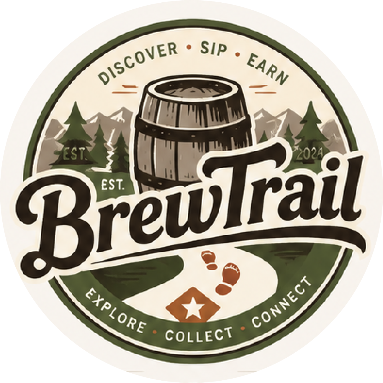 The BrewTrail badge: a barrel framed by mountains and pines, the BrewTrail script wordmark across the centre over a winding trail, ringed by DISCOVER · SIP · EARN above and EXPLORE · COLLECT · CONNECT below.