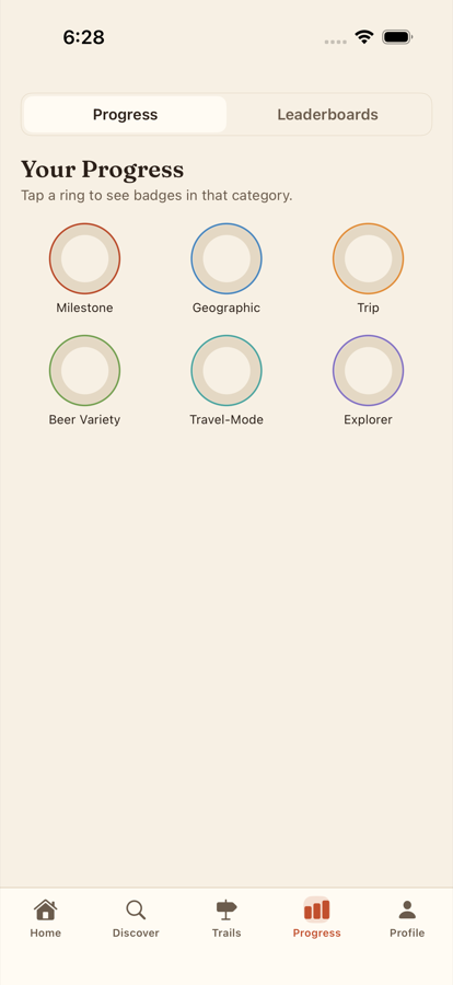 BrewTrails' Progress screen, with a ring for each badge category.