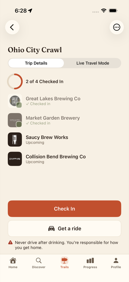 The Ohio City Crawl in BrewTrails: four Cleveland breweries, two of them checked in, with a Check In button and a Get a ride button.